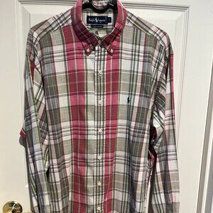 Ralph Lauren Button Front Long Sleeve Shirt, Very Lightweight Cotton Plaid Sz L